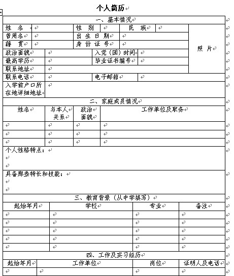 空白個人簡歷表格下載（最新原版）