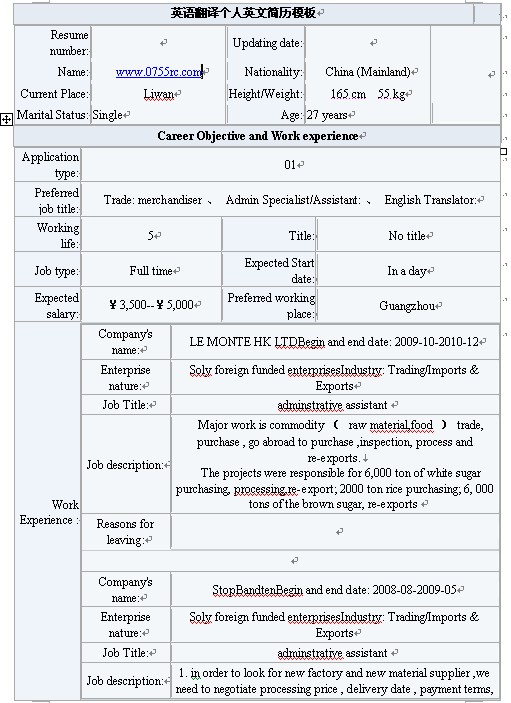 2011英語翻譯類個人簡歷模板