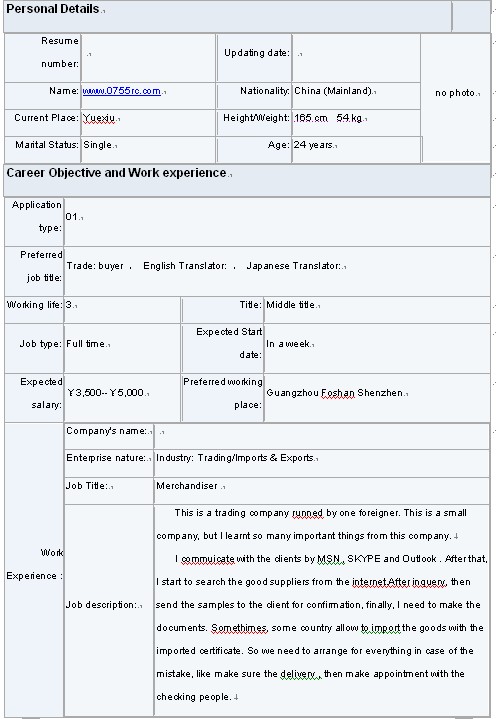 標準格式簡歷模板（英文）