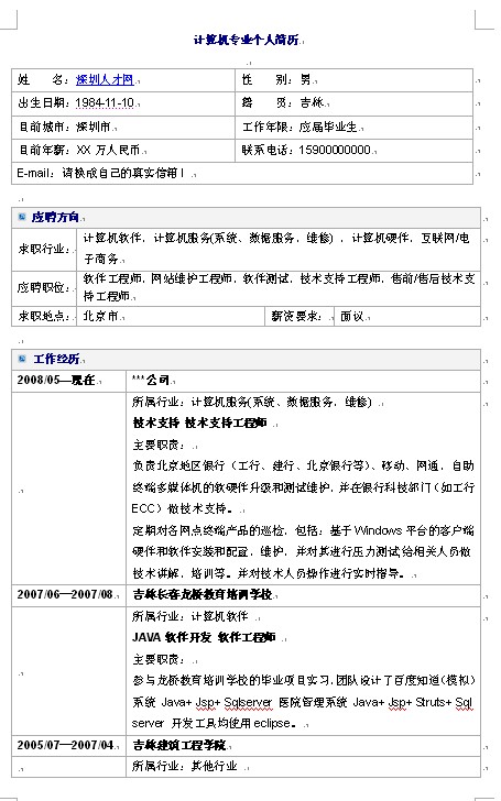 計算機專業個人簡歷模板