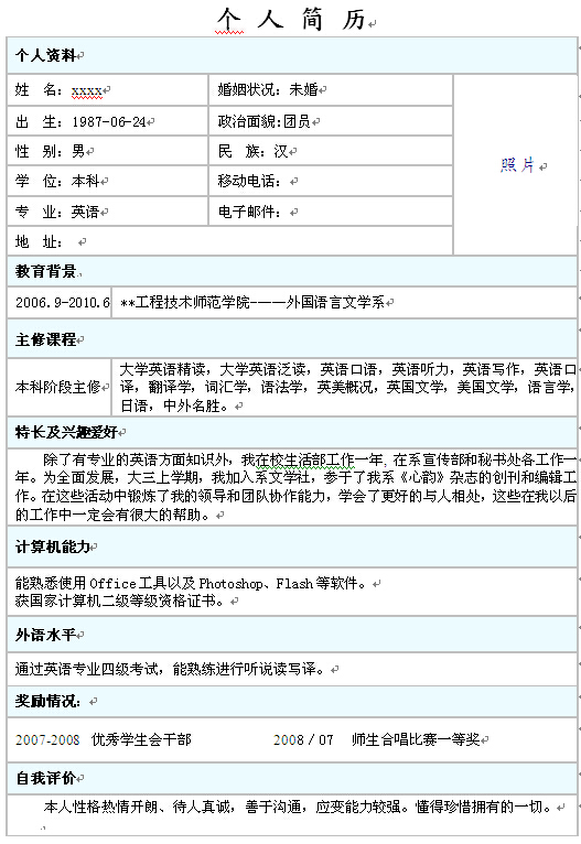 外語專業求職簡歷表格