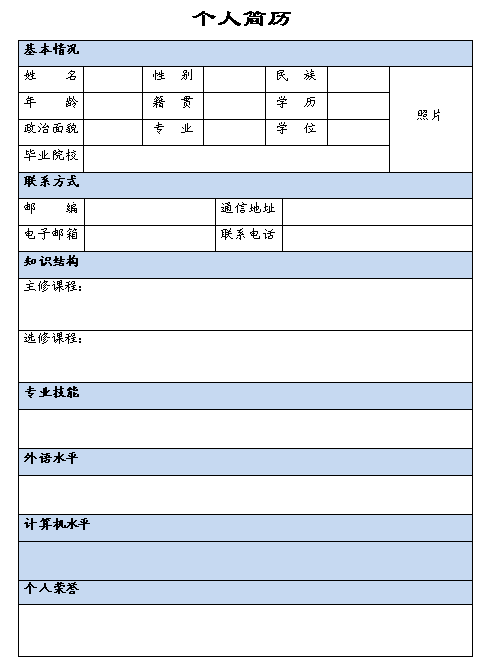 應屆生實習求職簡歷表格
