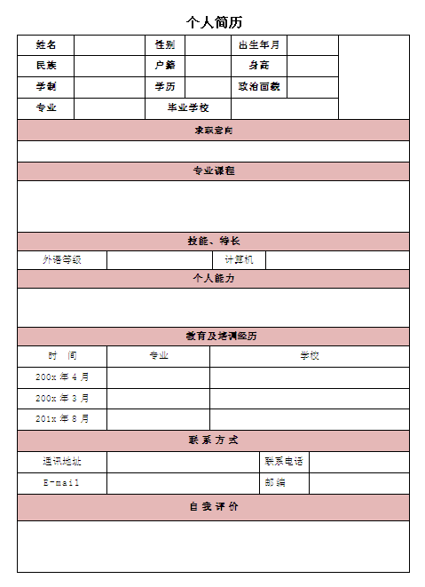 環境科學專業個人簡歷表格