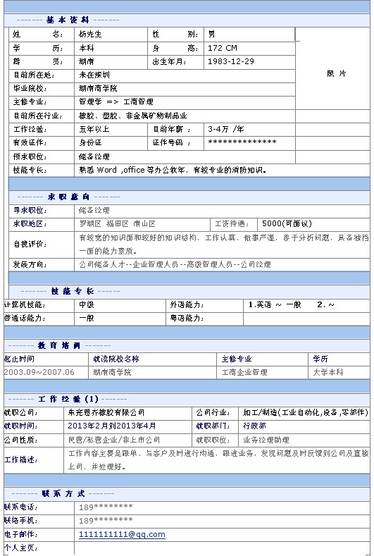 儲備經理個人簡歷模板