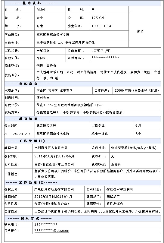 最新銷售個人簡歷模板