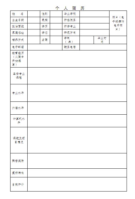 2015研究生空白個人簡歷表格