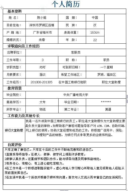 客服類個人簡歷模板