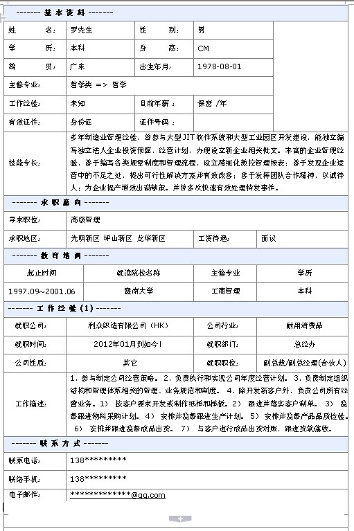 高級管理個人簡歷模板