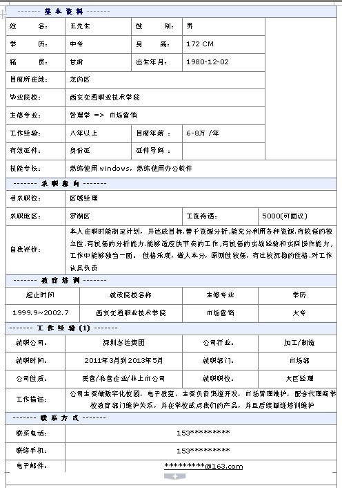 區域經理個人簡歷模板