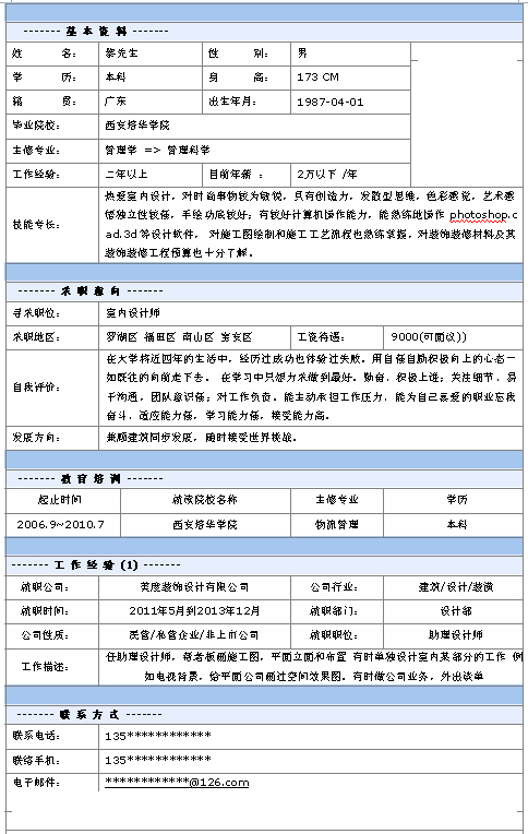 室內設計師個人簡歷模板