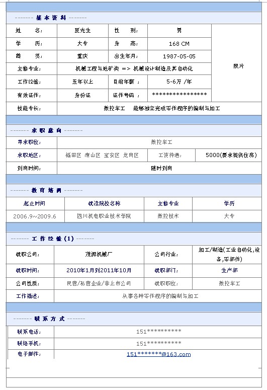 數控車工個人簡歷模板