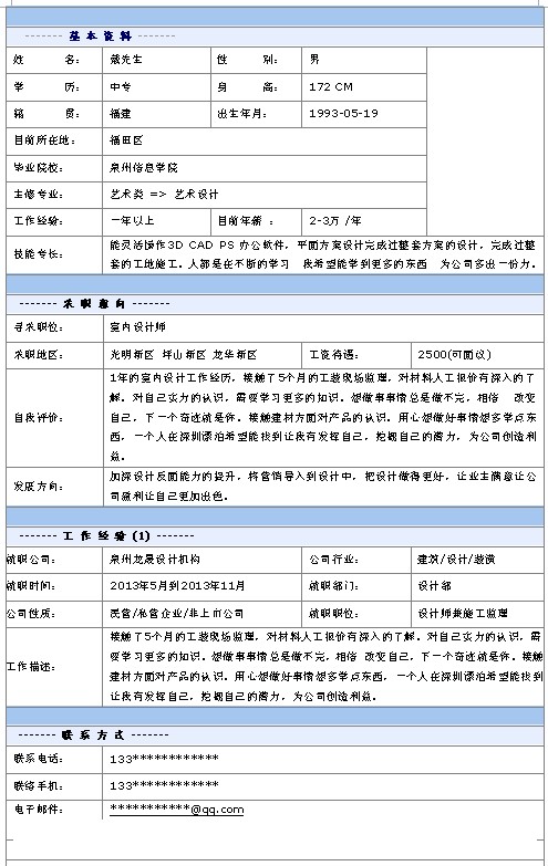 室內設計師個人簡歷模板