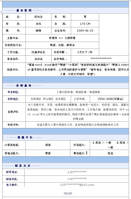人事行政管理員個人簡歷模板