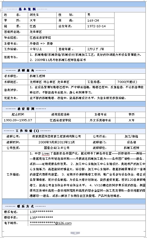 機械工程師個人簡歷模板