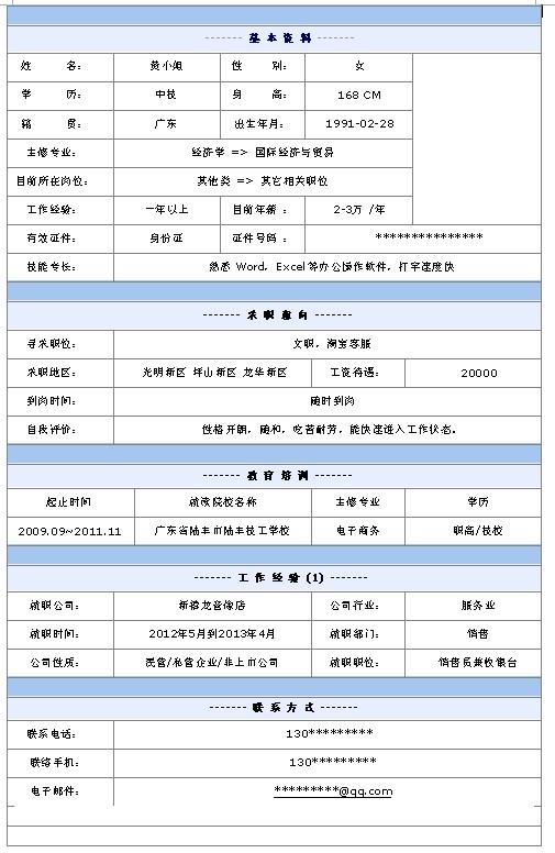 淘寶客服個人求職簡歷模板