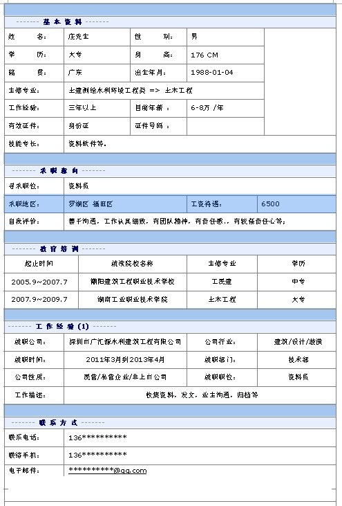 資料員個人求職簡歷模板