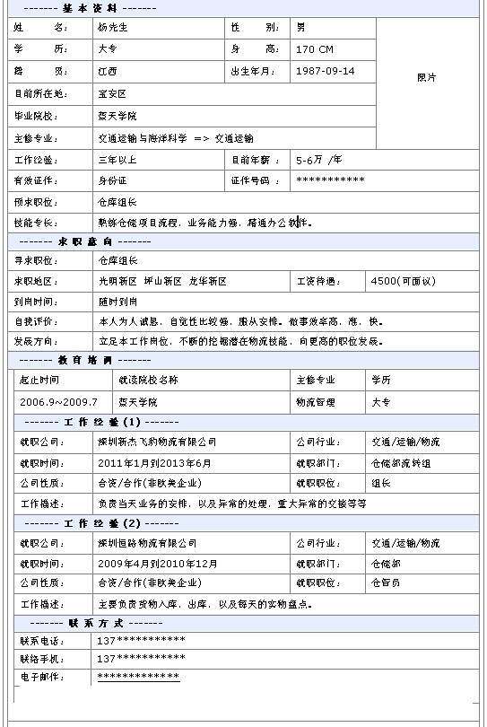 倉庫組長個人簡歷模板