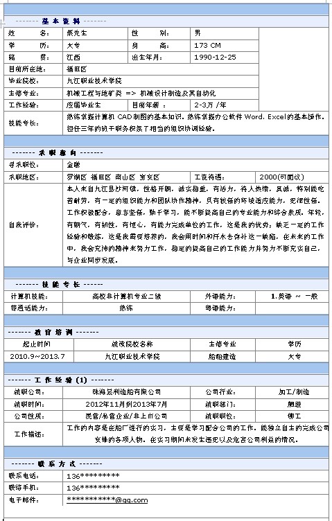 金融行業個人求職簡歷模板