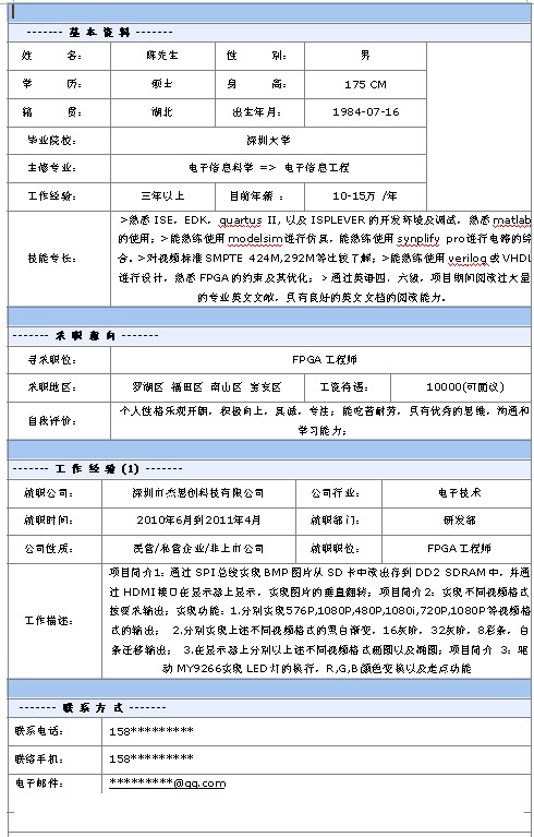 FPGA工程師個人簡歷模板
