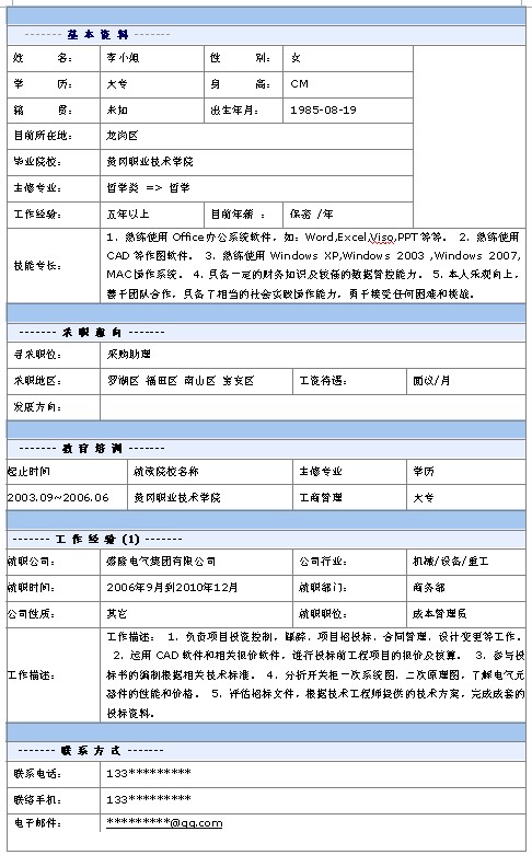 2013采購助理個人簡歷模板