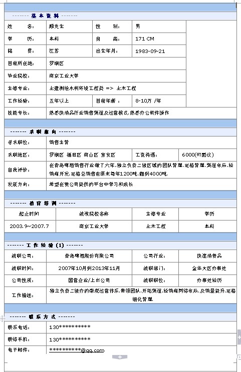 銷售主管個人簡歷模板