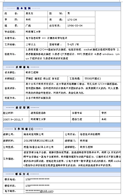 軟件工程師個人簡歷模板
