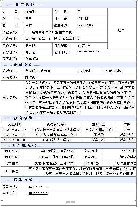 倉庫主管個人簡歷模板