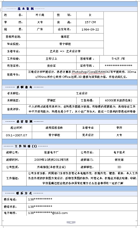 工業設計個人簡歷模板
