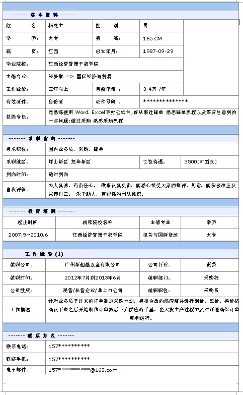 國內業務員個人簡歷模板