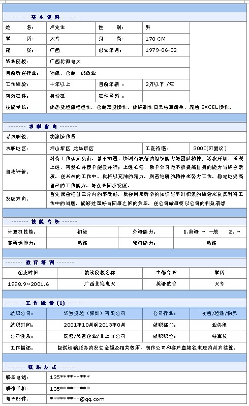 物流操作員個人簡歷模板