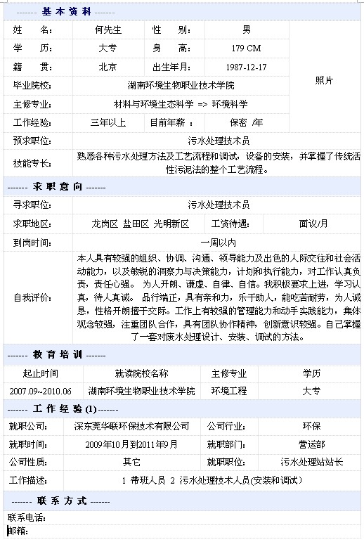 污水處理技術員個人簡歷模板