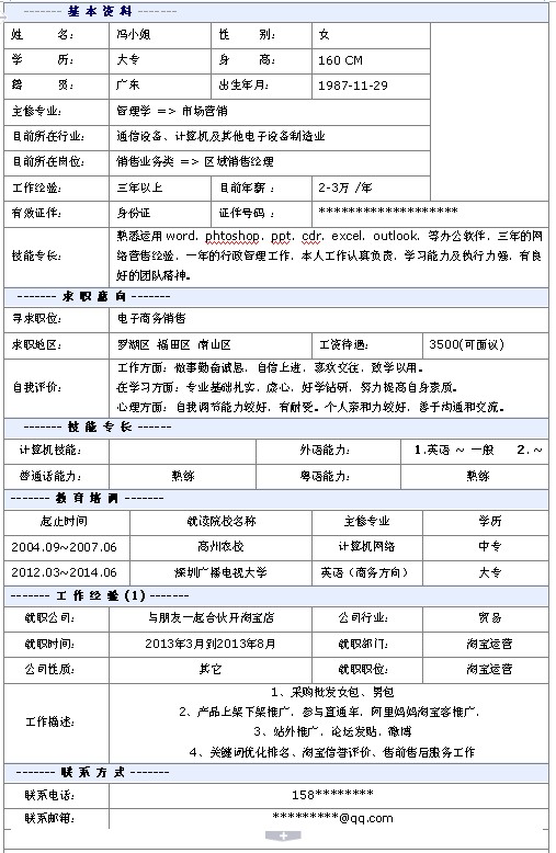 電子商務銷售個人簡歷模板