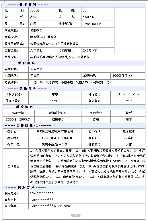 人事文員個人簡歷模板