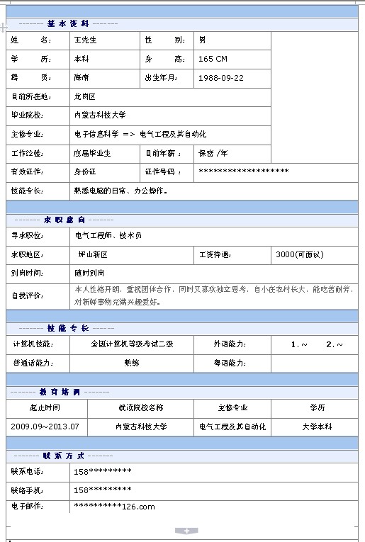 電氣工程師個人簡歷模板